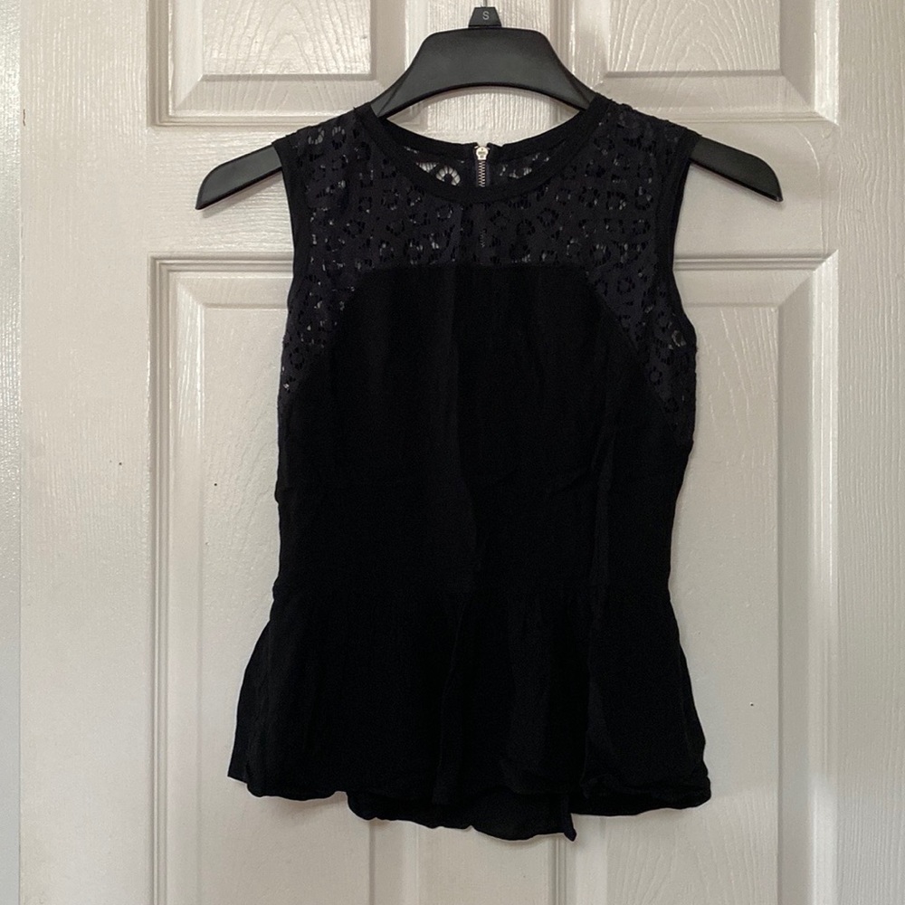 Rebecca Taylor Black Lace Peplum Sleeveless Zipper Blouse